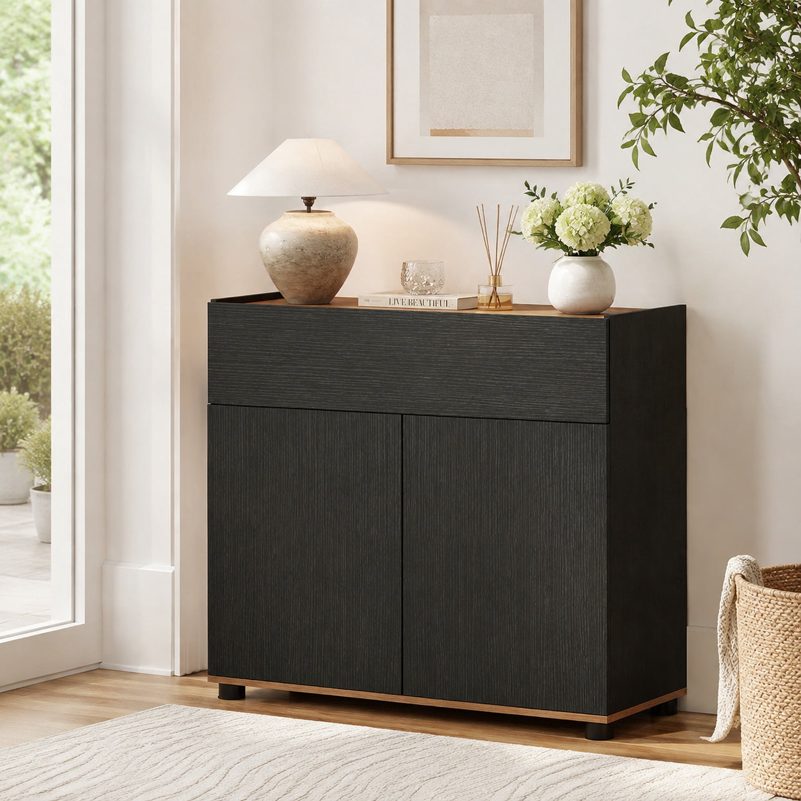 Furnibear Sideboard Buffet Cabinet with Storage Wooden Kitchen Storage Cabinet for Kitchen Dining Living Room Buffet Storage Server, Black