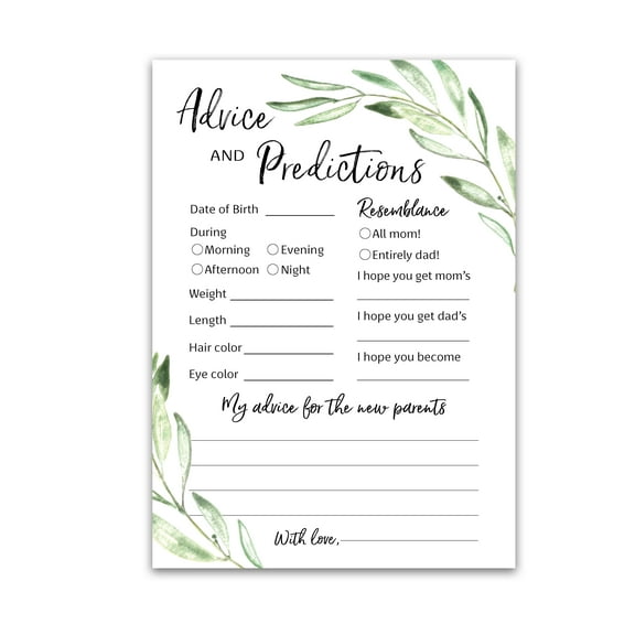GREENERY Prediction and Advice Cards - Pack of 25 - GENDER NEUTRAL Baby Shower Games, New Parents Mom & Dad to be Mommy & Daddy Message, Floral Green Couples Coed Shower Activity Keepsake G320-PDAV