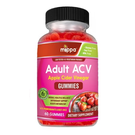 Mippa Supplements Adult ACV Gummies - Apple Cider Vinegar Gummy for Weight Loss, Metabolism, Antioxidant, Overall Health & Wellness - 60 Gummies