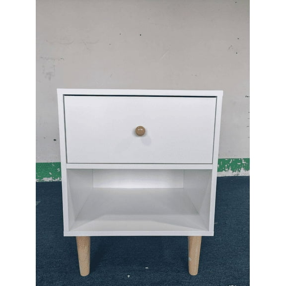 White Wooden Nightstand with Drawer and Shelf, Compact Bedside Table for Kids & Adults, Space-Saving Bedroom Storage, Durable MDF Construction
