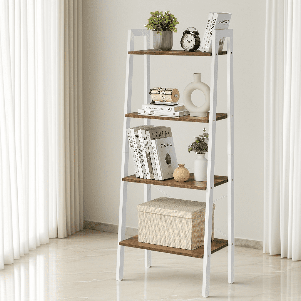 LEDREM Ladder Shelf, 4-Tier Bookshelf, Storage Rack, Bookcase, for Living Room, Kitchen, Bedroom, Honey Brown and Cloud White