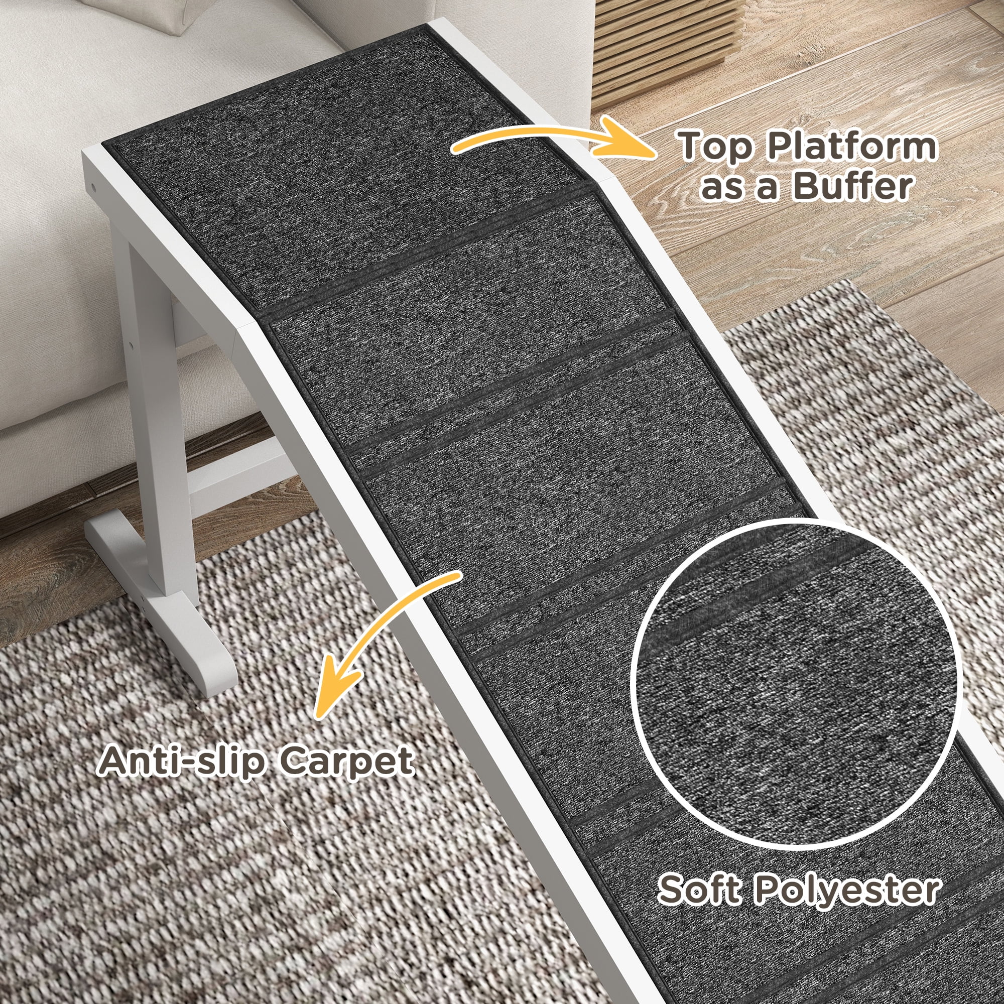 Dog Ramp for Bed, Pet Ramp for Dogs with Non-Slip Carpet and Top Platform, 74" x 16" x 25", White