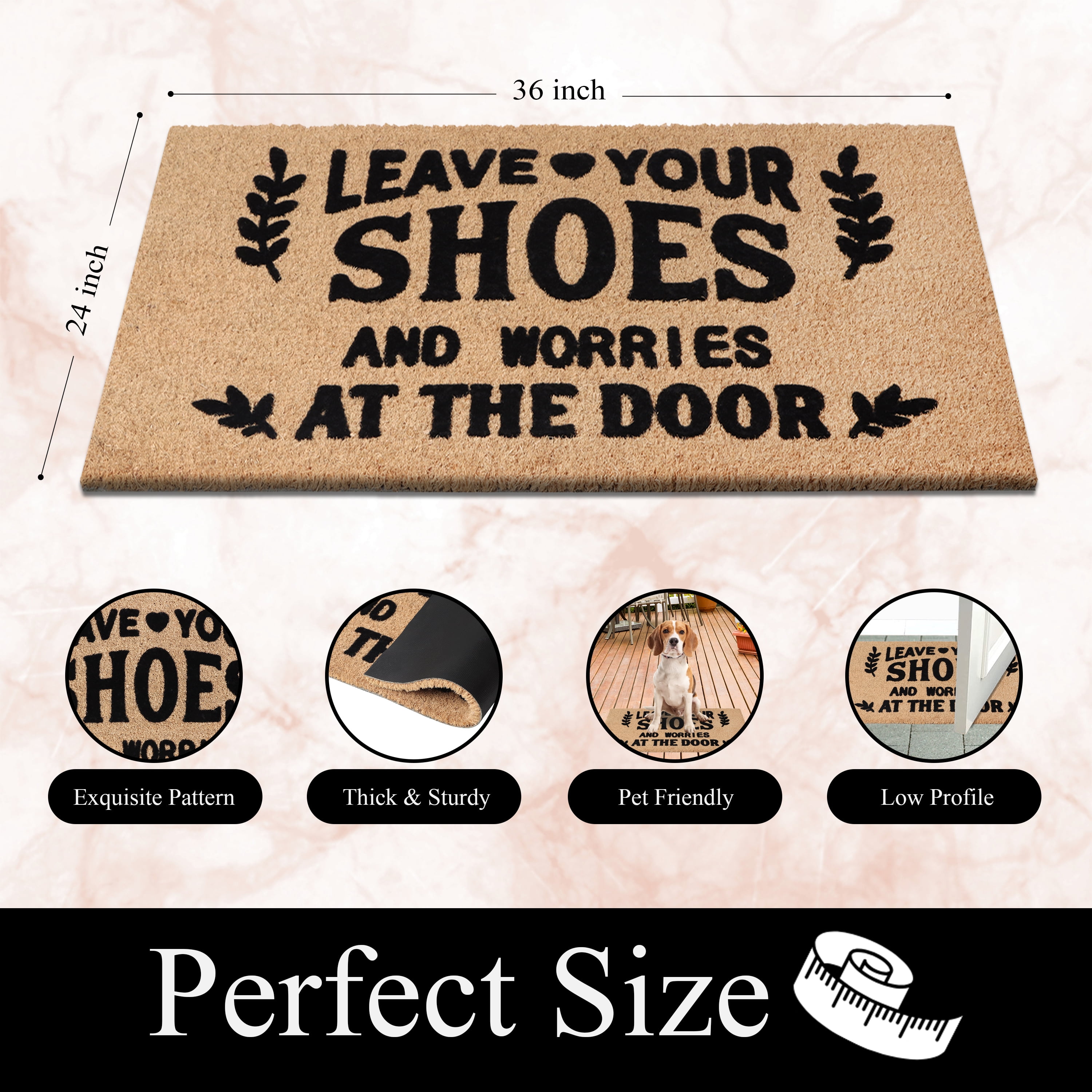 A1HC Natural Coir Flocked Doormat, Leave Your Shoes Black , 24"x36", Durable Outdoor Welcome Mat, Non-Slip, Pet Friendly, Fade Resistant