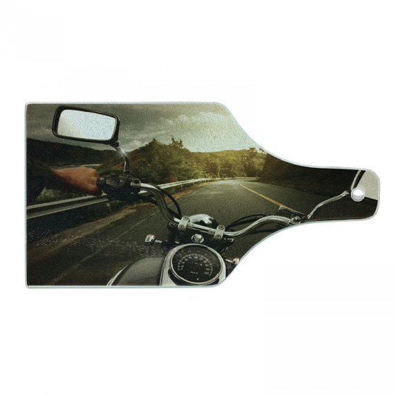 Adventure Cutting Board, Rider Driving a Chopper on Asphalt Road Within Forest Journey Photography, Tempered Glass Cutting and Serving Board, Wine Bottle Shape, Forest Green Grey, by Ambesonne