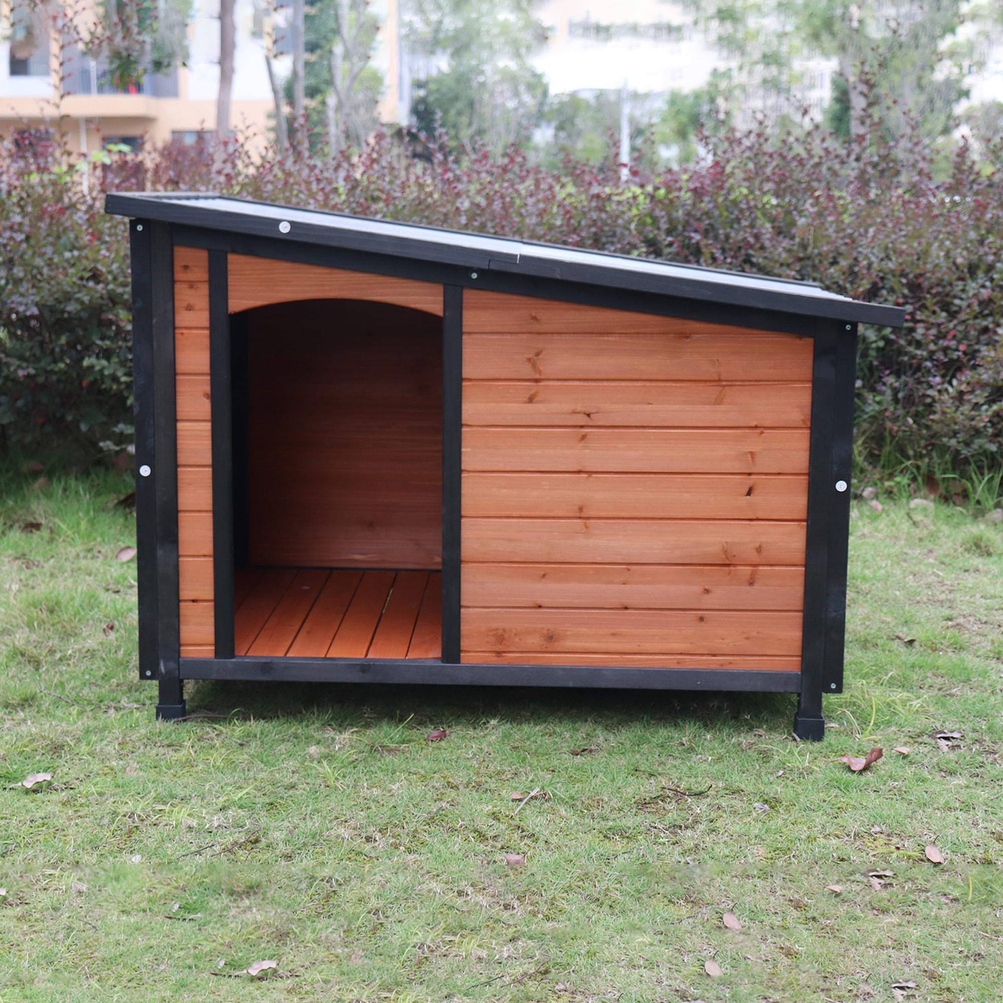 Pefilos 46" Outdoor Wooden Dog House for Large Dogs with Raised Feet, PVC Roof and Removable Floor Weatherproof Pet Cat House, Gold Pefilos 46" Outdoor Wooden Dog House for Large Dogs with Raised Feet, PVC Roof and Removable Floor Weatherproof Pet Cat House, Gold