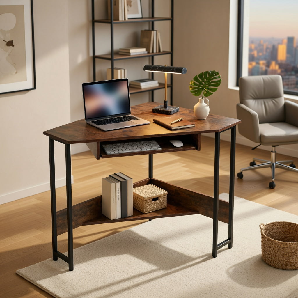 Yardi Yard Triangle Corner Desk with Charging Station Keyboard Tray and Storage Shelf-Rustic Brown, Computer Desk, Gaming Computer Desks for Study,Working,Writing