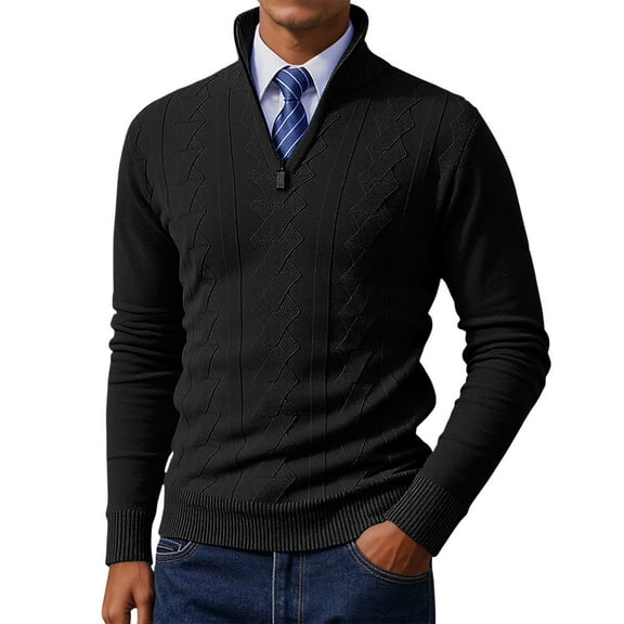 FYDUU Mens Knit Pullover Sweater Men's Quarter Zip Pullover Sweater Solid Color Casual Warm Neck Ribbed Knit Slim Fit Sweaters Fashion Polo Sweaters
