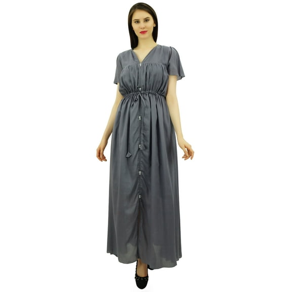 Bimba Womenâ€™s Solid V-Neck Sleeve Long Maxi Dress with Drawstring Waist