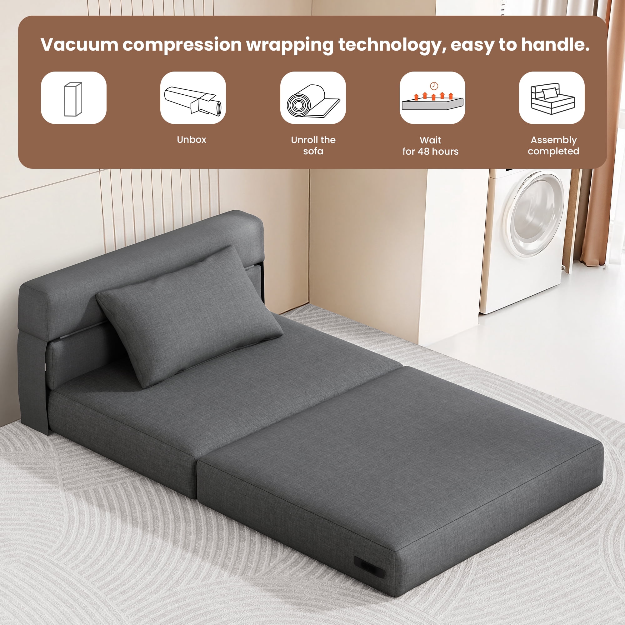 SERWALL Modular Folding Sofa Chair, 4-in-1 Convertible Sofa Bed, Foldable Sofa Chair for Bedroom, Grey