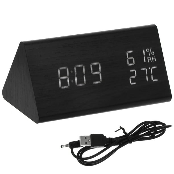 Reloj despertador LED silencioso de madera con pantalla de temperatura y humedad, reloj de mesa LED
