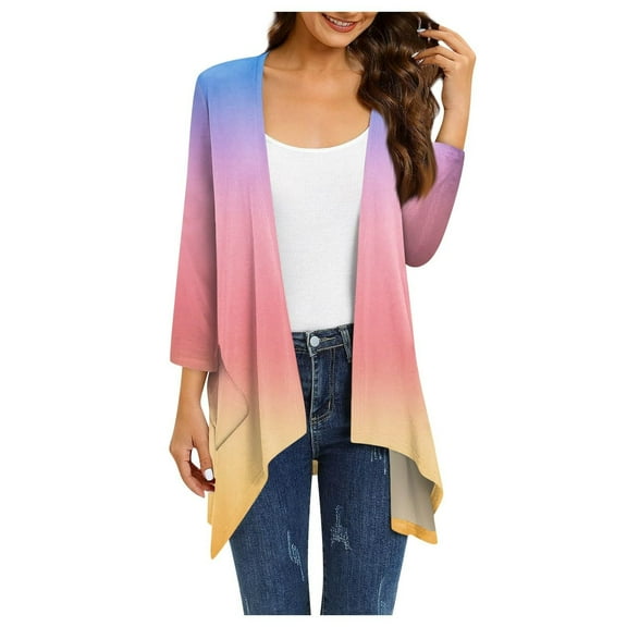 under $15 Turilly Lady Coats Summer Plus Size Jackets Women's Gradient Printed Long Sleeved Irregular Hem Pleated Cardigan (suitable for Summer and Autumn) Cardigan