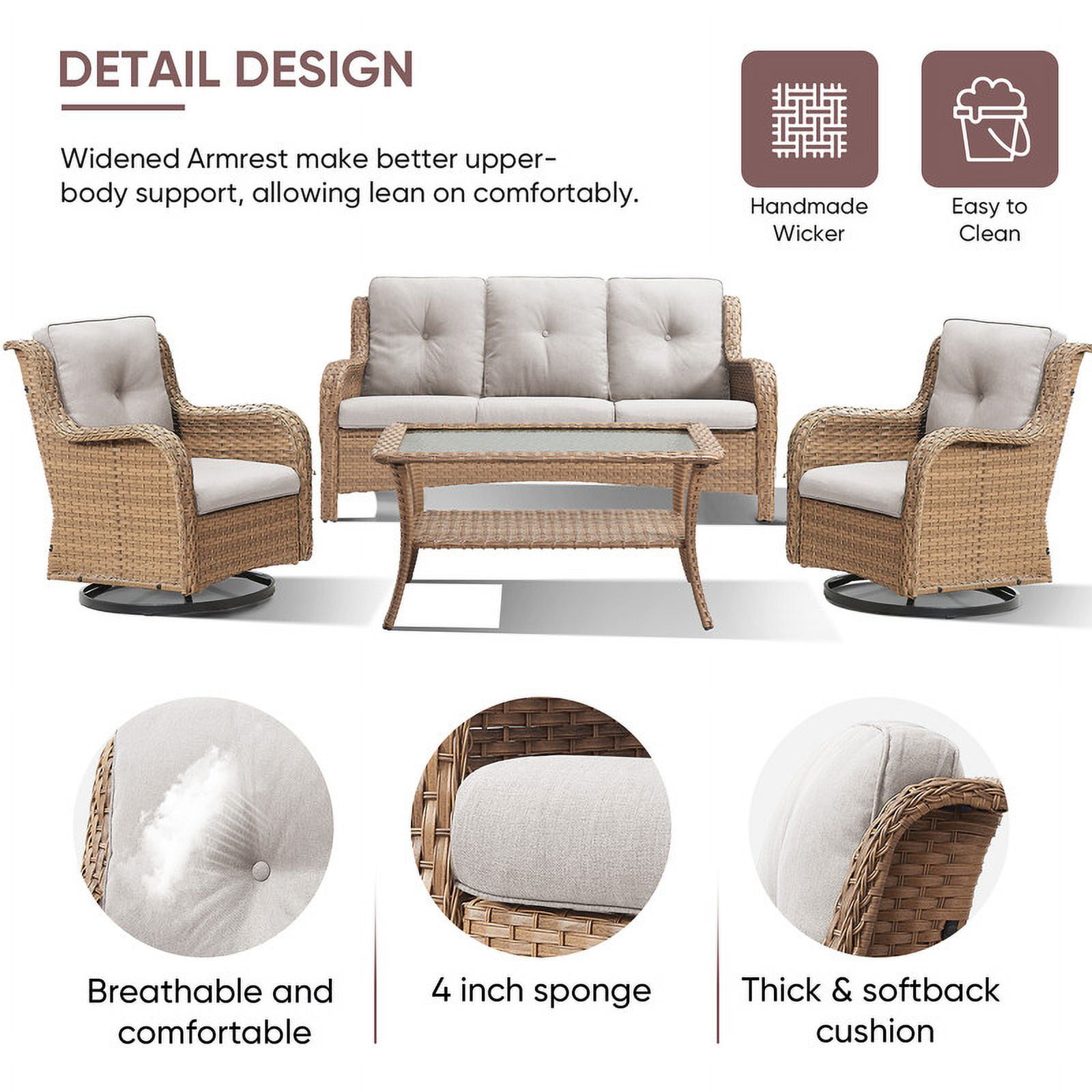 PARKWELL 4 Pieces Outdoor Patio Furniture Set Wicker Rattan Swivel Glider Chairs Cushioned Sofa Coffee Table All-Weather Conversation Sectional with Anti-Slip Cushions for Balcony