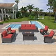 thumbnail image 4 of ALAULM Patio Conversation Set, 10-Piece Outdoor Furniture with Rattan Frame, Gas Fire Table and Sofa, Red, 4 of 6