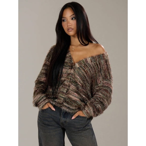 Women's Space Dye Knit Sweater Asymmetric Neck V-Neck Long Sleeve Oversized Loose Fit Ribbed Cuffs Hem Pullover for Fall Winter Layering Daily Outfits