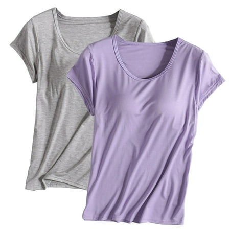 Ousvtion Clearance Deals 2 Pack Built-in Bra T-Shirt for Womens Padded Active Tops Short Sleeves Blouses Pajama Casual Shirts for Workout Yoga Gym (Black#03 Medium)