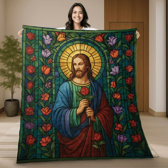 Vintage Jesus Christ Stained Glass Quilt Blanket – Christian Religious Quilt with Roses and Tulips Quilt Blanket