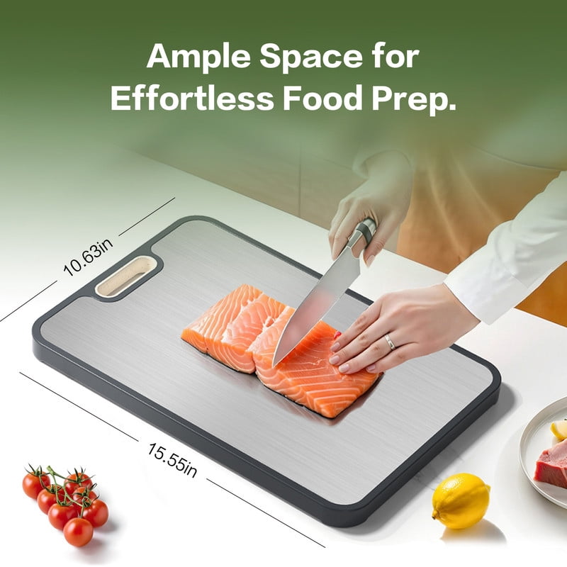 Titanium Cutting Board for Kitchen, 2-in-1 Double Sided Food Grade (15”×10.3”), Pure Titanium & PP, Easy to Clean with Juice Groove & Garlic Grinding Area
