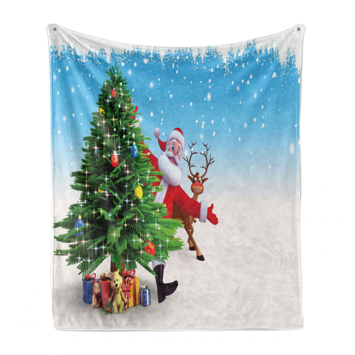 Funny Reindeer Character Pine Trees with Merry Christmas Typography Cozy Plush for Indoor and Outdoor Use Ambesonne Christmas Soft Flannel Fleece Throw Blanket Sky Blue and Multicolor 70 x 90