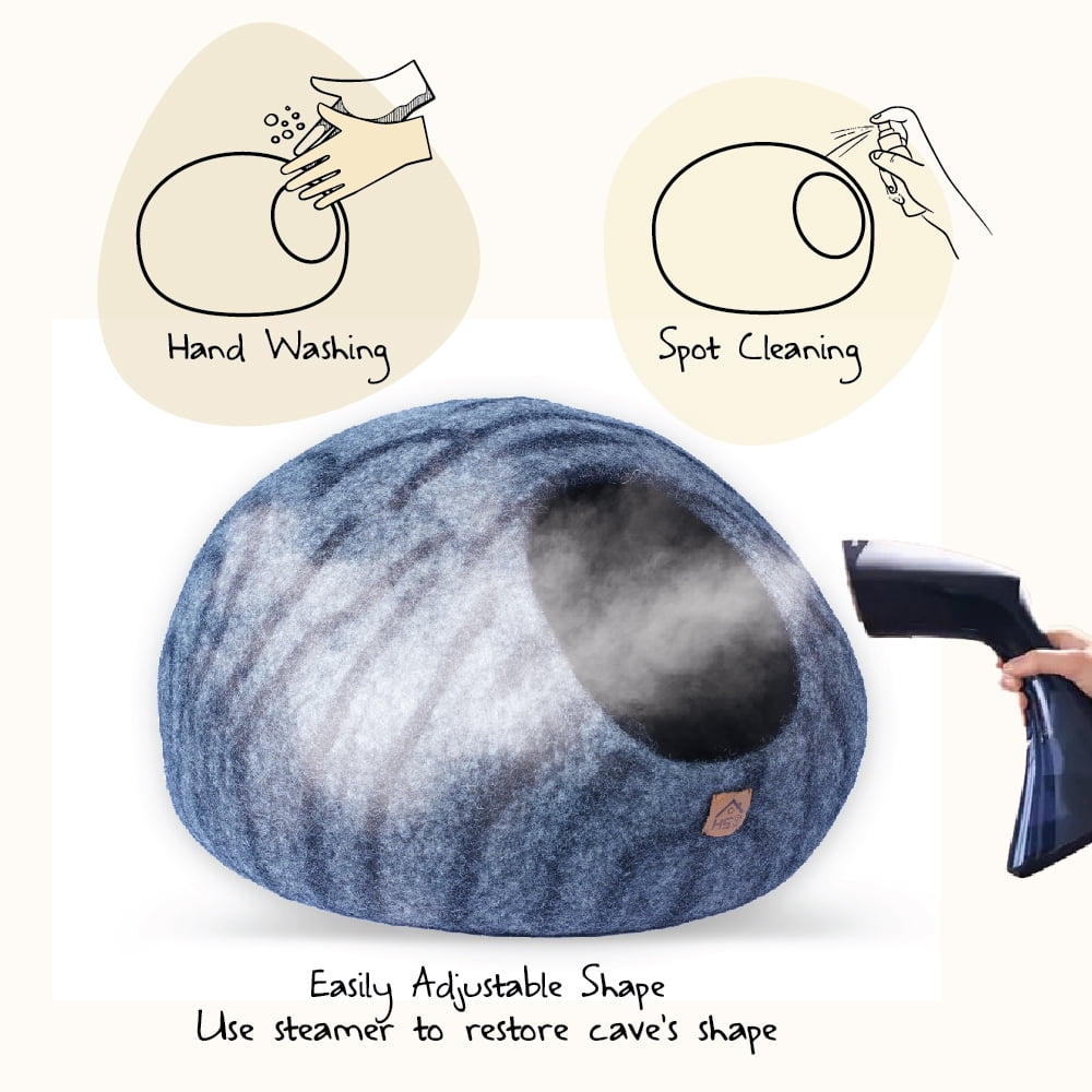 HAUSSIMPLE Wool Cat Cave Felt Bed for Kittens Cat Natural 100% Merino Wool Pet House - Gray Tiger
