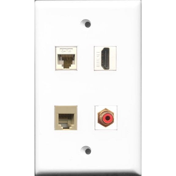 RiteAV 1 Port HDMI and 1 Port RCA Red and 1 Port Phone RJ11 RJ12 Beige and 1 Port Cat6 Ethernet White Wall Plate