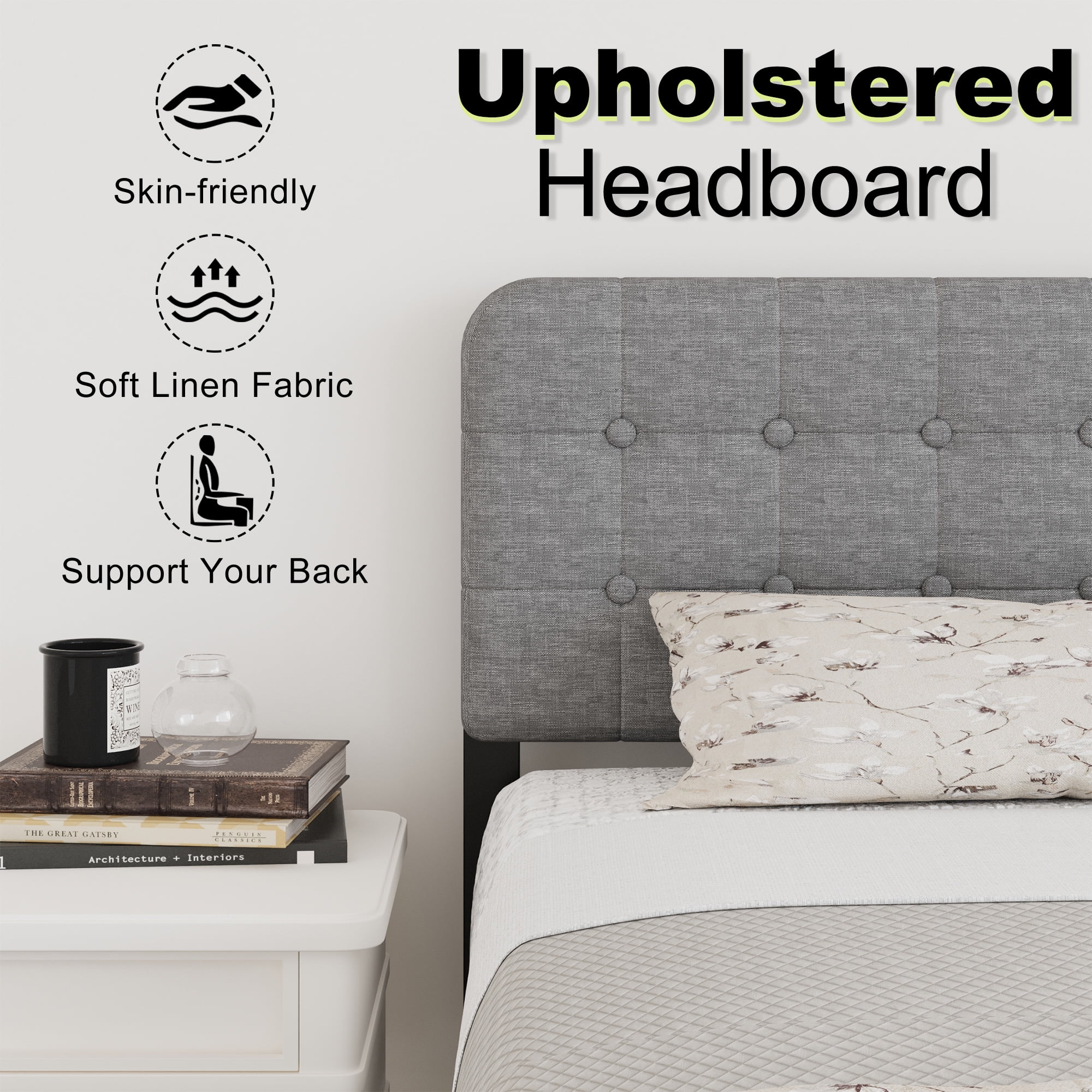 Lutown-Teen 18 inch Twin XL Bed Frames with Upholstered Headboard and Metal Footboard, Heavy Duty XL Twin Metal Bed Frame, No Box Spring Needed, Easy Assembly