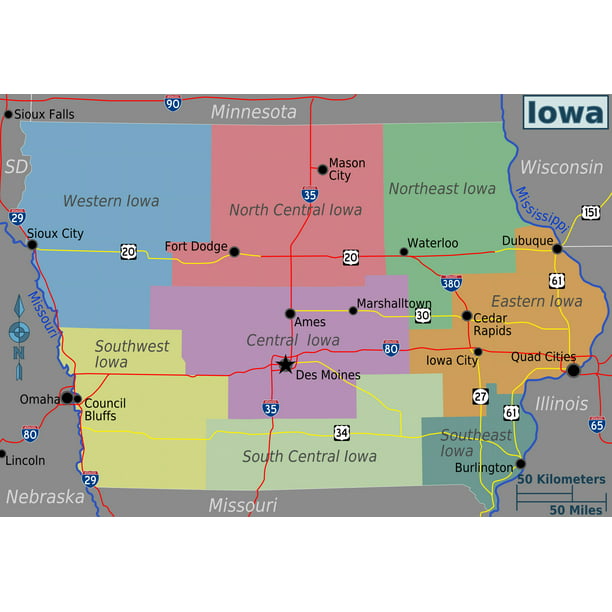 Large regions map of Iowa state-20 Inch By 30 Inch Laminated Poster