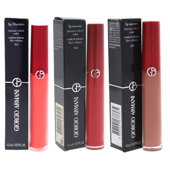 Giorgio Armani Lip Maestro Intense Velvet Color - 402 Chinese Lacquer and 305 Tangerine-202 - 3 Pc Kit - 3 x 0.22oz Lipstick