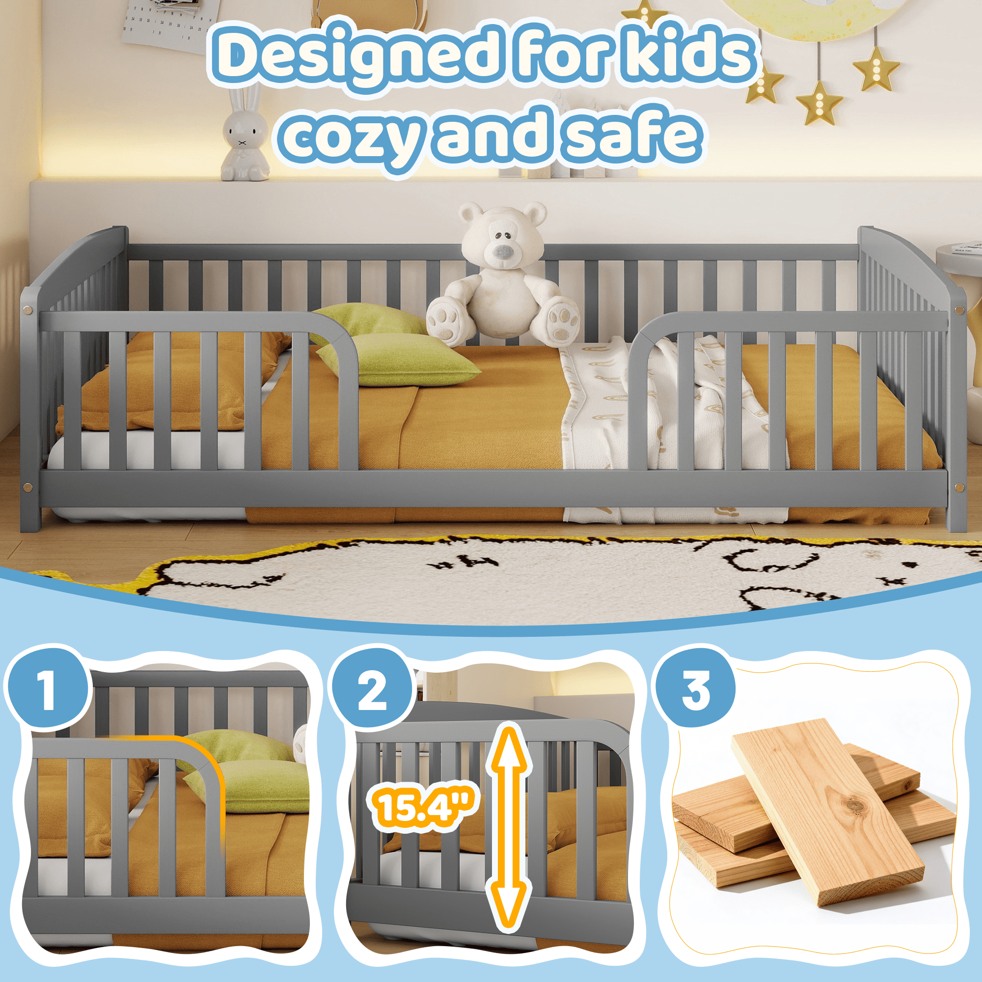 Jopath Full Size Floor Fence Bed with Central Entrance,Pine Wood Floor bed with Guardrails for Boys Girls Grey