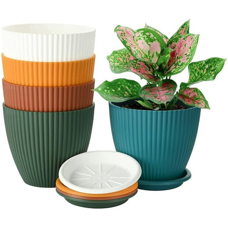 5 Packs 6 inch Colorful Stripe Plastic Succulents Planter with Drainage Holes and Saucers,Set of 5 Pots,Multi Colors,Garden Decor
