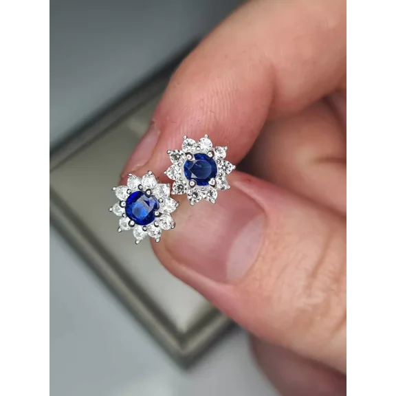 2Ct Lab Created Sapphire & Diamond Flower Stud Earrings 14K White Gold Finish