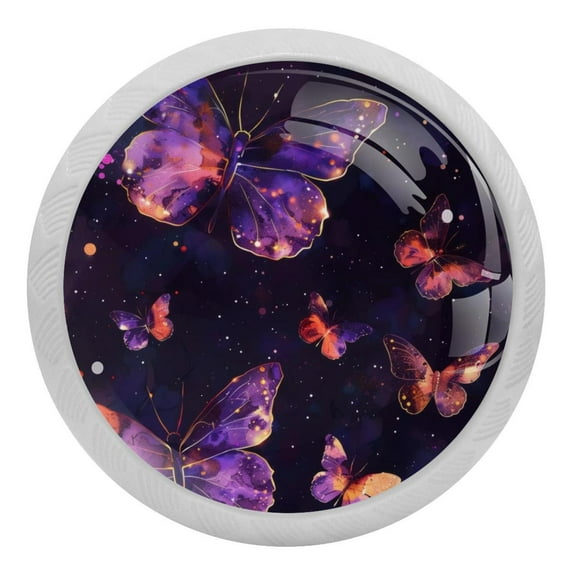 PhooArto Purple Butterflies Galaxy 4 PCS Crystal Glass Cabinet Knobs, Drawer Kitchen Cabinets Dresser Cupboard Wardrobe Pulls Handle - Glowing in the Dark