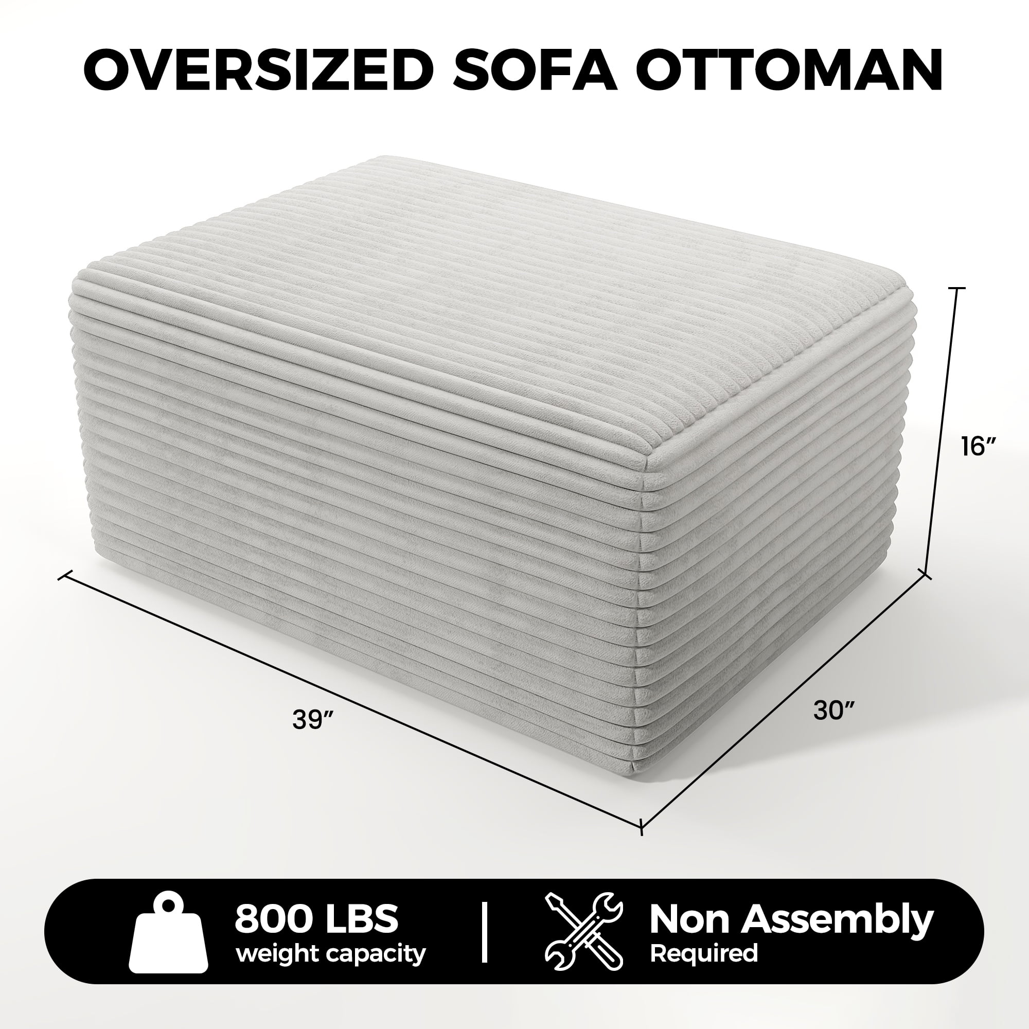Large Oversized Ottoman Bench for Living Room, Extra Seating & Coffee Table for Sofa, Plush Corduroy Pouf Footrest, No Assembly Needed, Rectangle Floor Ottoman, (Oyster White)