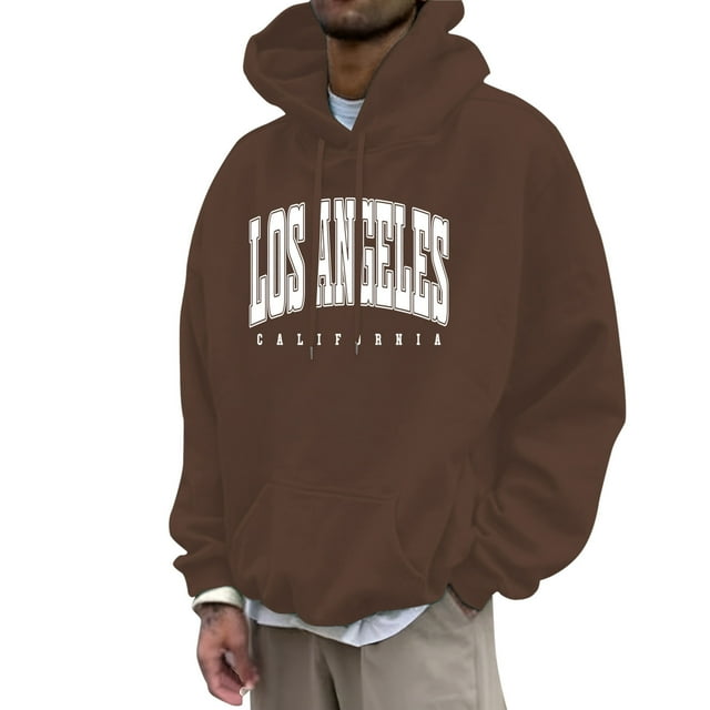 LUOGENLI Chandails à Capuche pour Hommes Design Graphique Mode Masculine Décontractée Lettres Impression Partielle Chandail à Capuche à Enfiler Manches Longues Chandail à Capuche Chandails à Capuche pour Hommes à Enfiler Doux Café Taille TG