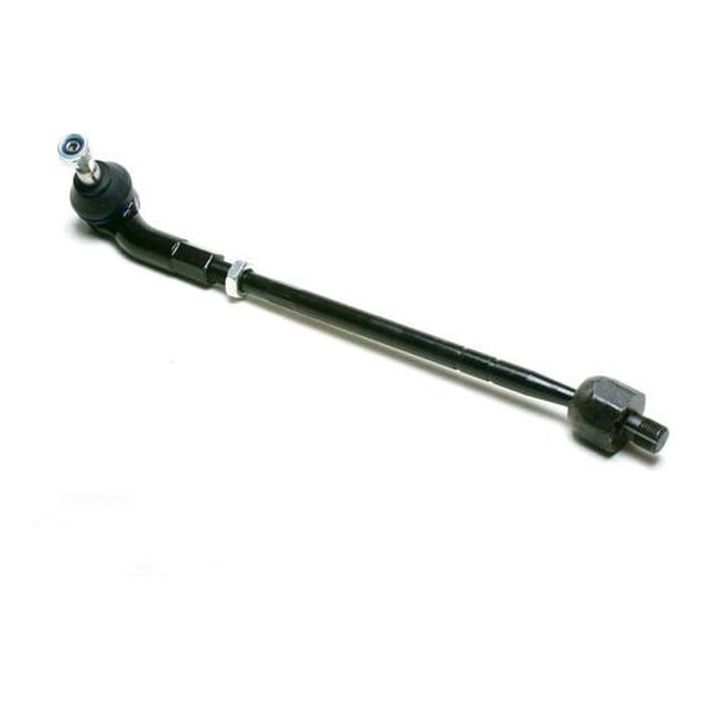 varilla direccion bruck-germany 6q0423804-euro Completa negra, barra de dirección hidráulica lado derecho en vista 3/4 con rótula esférica en un extremo y tuerca roscada en el otro, cuerpo metálico cilíndrico con recubrimiento negro sobre fondo blanco. Su función es transmitir la fuerza de la caja de dirección a las manguetas; también es adecuada para tareas de mantenimiento de suspensión ligera.