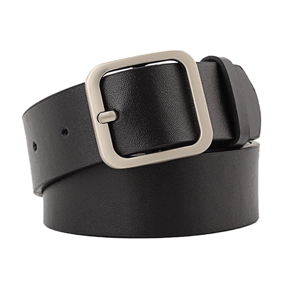 1pc Women Leather Belt Female Fully Adjustable Casual Belt Square Shape Buckle for Women Ladies (110cm Length 3.3cm Width Black Silver)