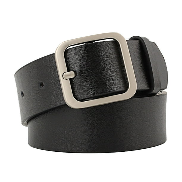 1pc Cinturón de cuero para mujer Cinturón casual totalmente ajustable Hebilla de forma cuadrada para mujeres Damas (110 cm Longitud 3.3 cm Ancho Negro Plata)