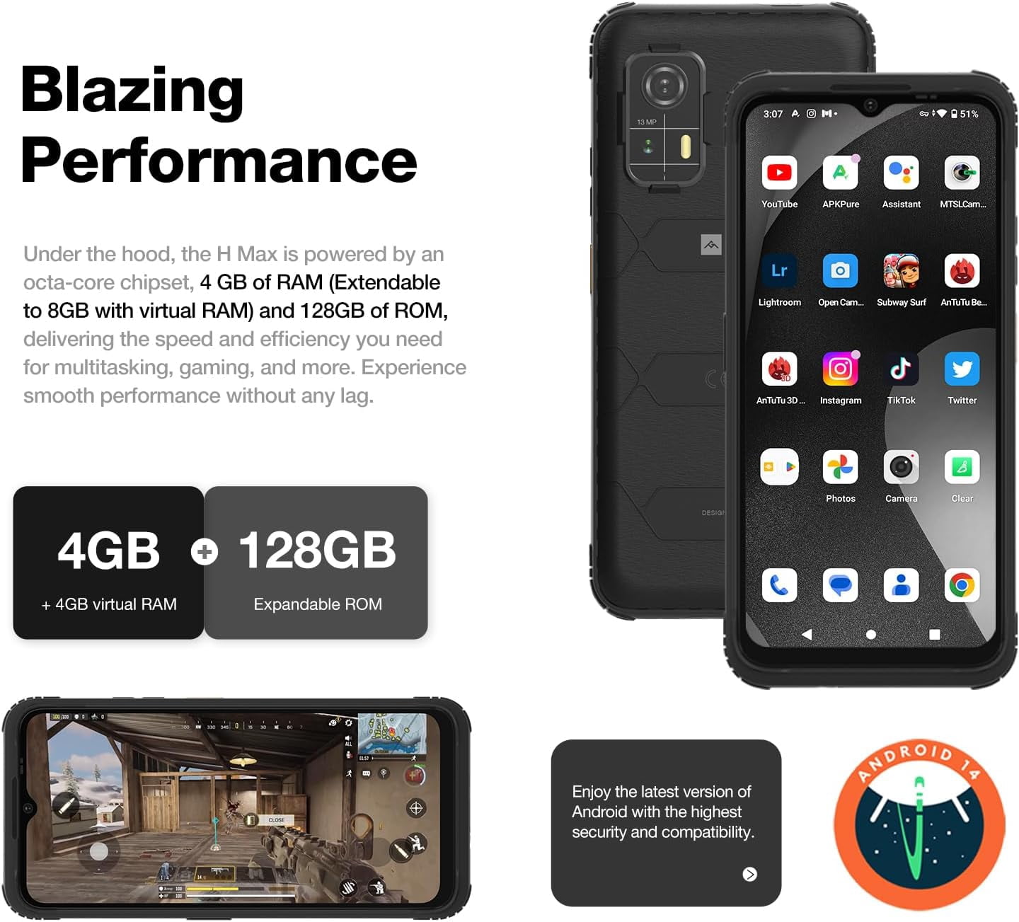 AGM H MAX Rugged Smartphone, 10000mAh 4G LTE Rugged Phone, Android 14, 6.56'' 400Nits HD 90Hz Display, Unisoc T606, Waterproof&Drop-proof&Dustproof, 4GB 128GB