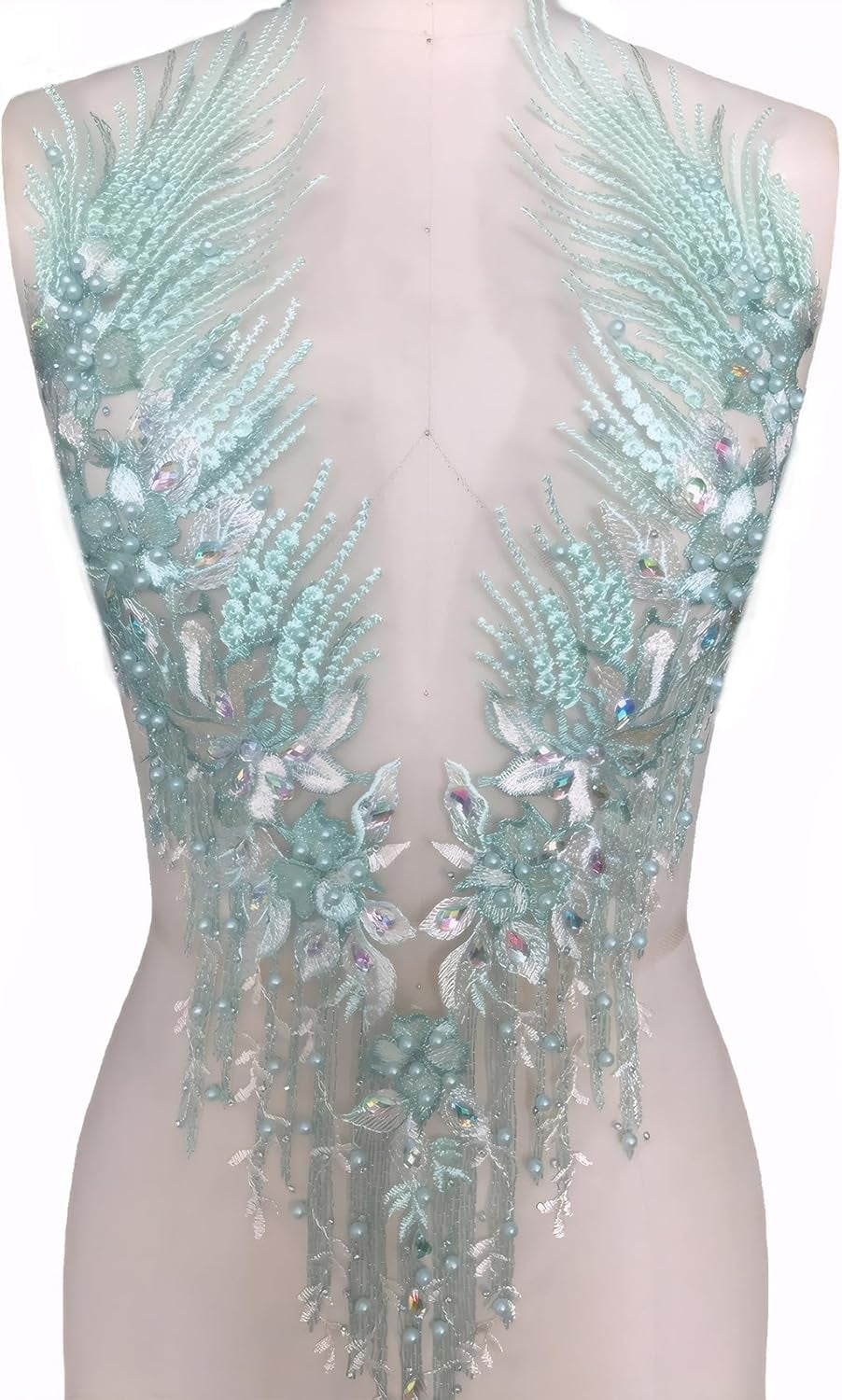 Handmade Rhinestone Applique, 3D Lace Applique Beaded Embroidered Trim, Rhinestone Fabric Patches for DIY Neckline Bodice Wedding Bridal Prom Clothes Dresses, 22.5x11.8inch (Royal Blue)