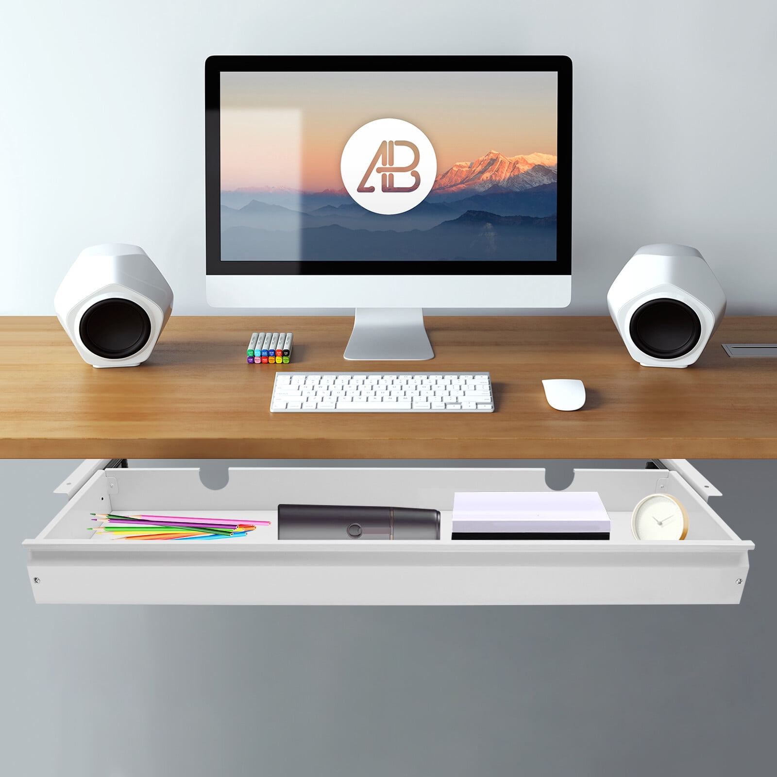 ToppiJoy 33” Under Desk Drawer, Mounted Sliding Pull-out Drawer, Large Storage Organizer for Sit Stand Workstation (White)