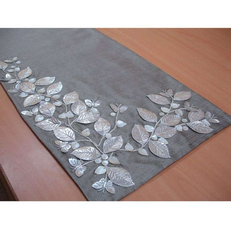 Handmade Decorative Table Runner Silver Beige, Silver, Ivory, 14 inch wide  x 108 inch extra long Silk Beaded Table Runner Silver Mother Of Pearl  Embroidered - Butterfly 