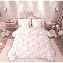 Feelyou Kids Kawaii Bow Candy Bedding Comforter Set 7 Pieces, White Pink Plaid Checkered Full Bedding Set, Merry Christmas Reversible Fitted Sheet Flat Sheet, Microfiber Bedroom Decor