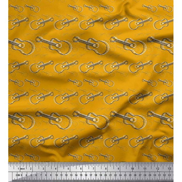 Soimoi Gold Poly Georgette Fabric Sketch Guitar Musical Instrument Print Sewing Fabric Yard 42 Inch Wide