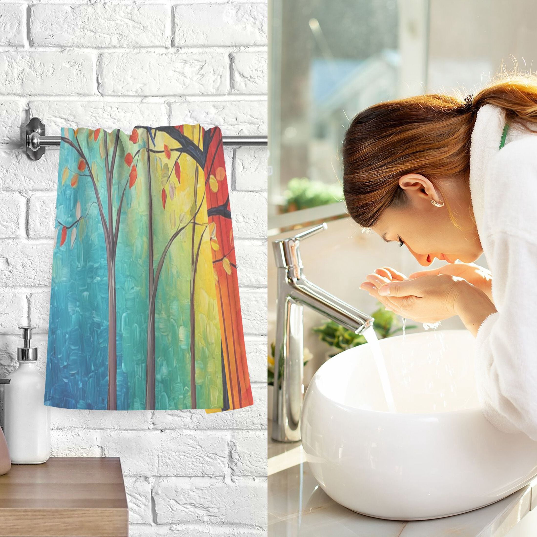 Cotton Towel Two-Piece 16x28 Inch One Sizex2 Face Towel Set Towel Set Cotton Hand Bath Towel Bathroom Beach Colorful Tree Bird