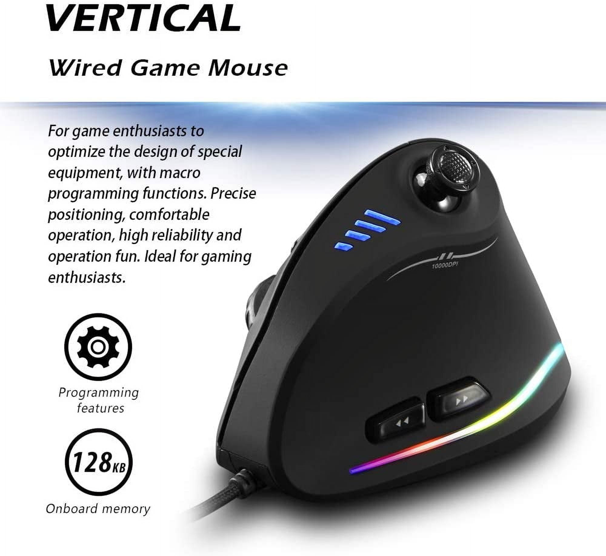 Vertical Ergonomic Wired Gaming Mouse, 5 Direction Rocker, 10000 DPI High Precision, 11 Programmable Buttons RGB Mouse for PC Laptop Computer Gamer