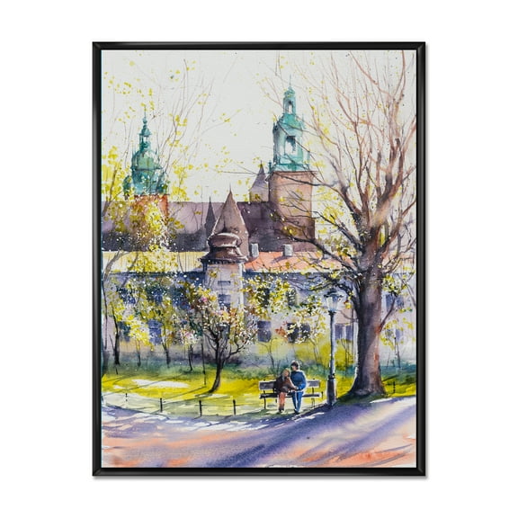 Designart 'Castel Through The Trees of The Park With Couple Sitting on Bench' Country Framed Canvas Wall Art Print