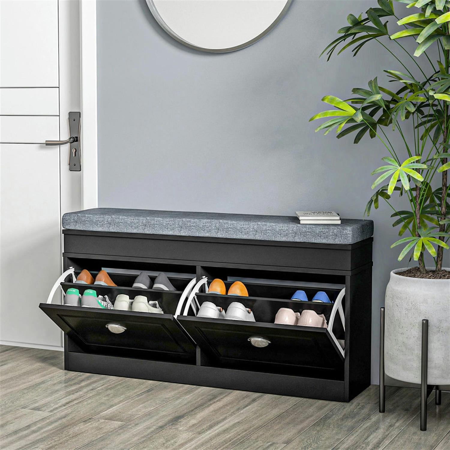 Demi Bonn 41" Modern Storage Bench with Cushion, Entryway Bench, 2 Drawer Ottoman, Large Capacity for 8 Pairs Shoes, Black