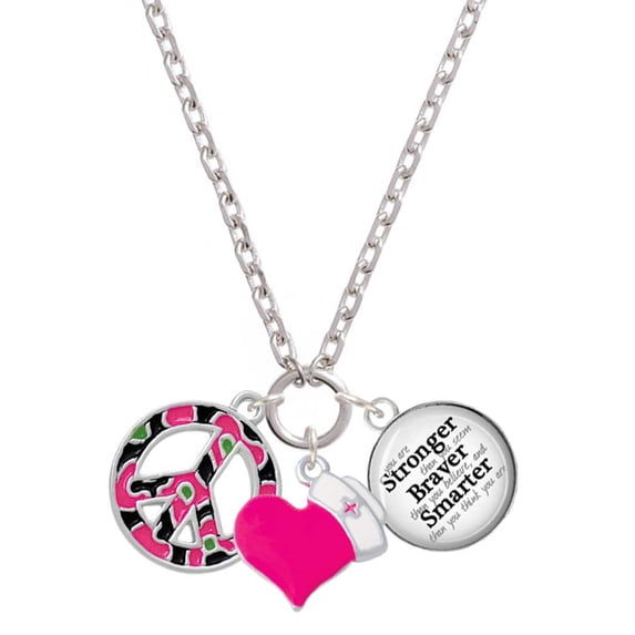 Delight Jewelry Silvertone Large Hot Pink Cheetah Print Peace Sign - Hot Pink Heart Nurse Strong Zoe Necklace
