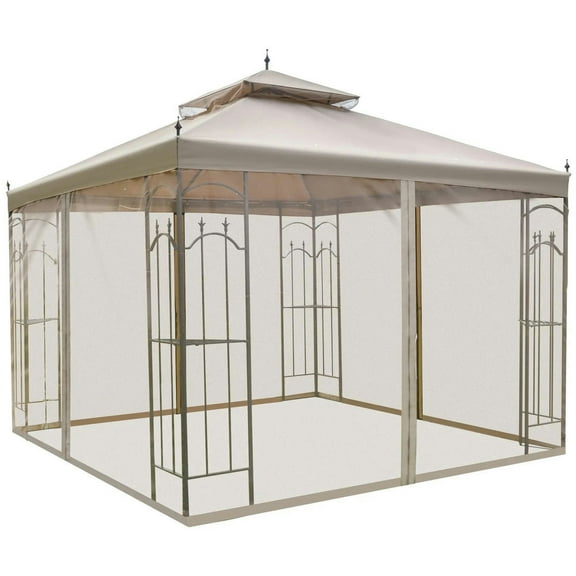 Yardi Yarda 10' x 10' Patio Shade with Corner Frame Shelves, Double Roof Shade Canopy Shelter with Netting for Garden, Deck, Patio, Balcony, Backyard, Brown