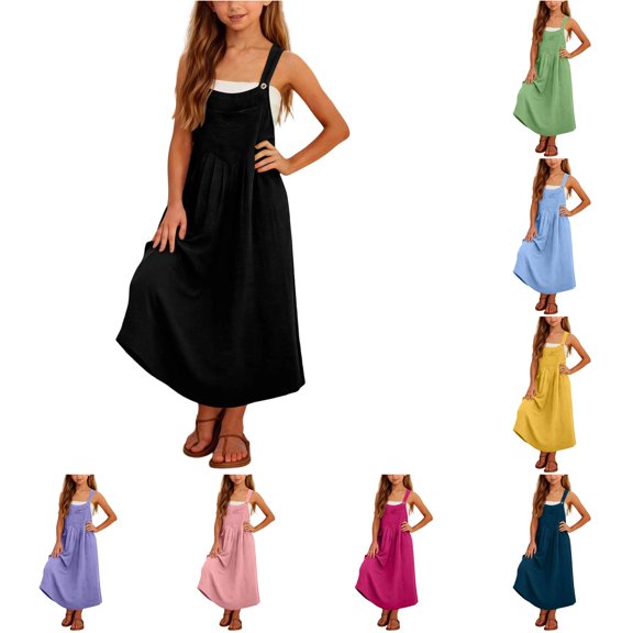 HCYSFG Girls Overall Dress Square Neck Sleeveless Solid Campus Jumper Dress School Uniform Casual Suspender Slit Outfits Pockets Girls Skirt 5-14Y