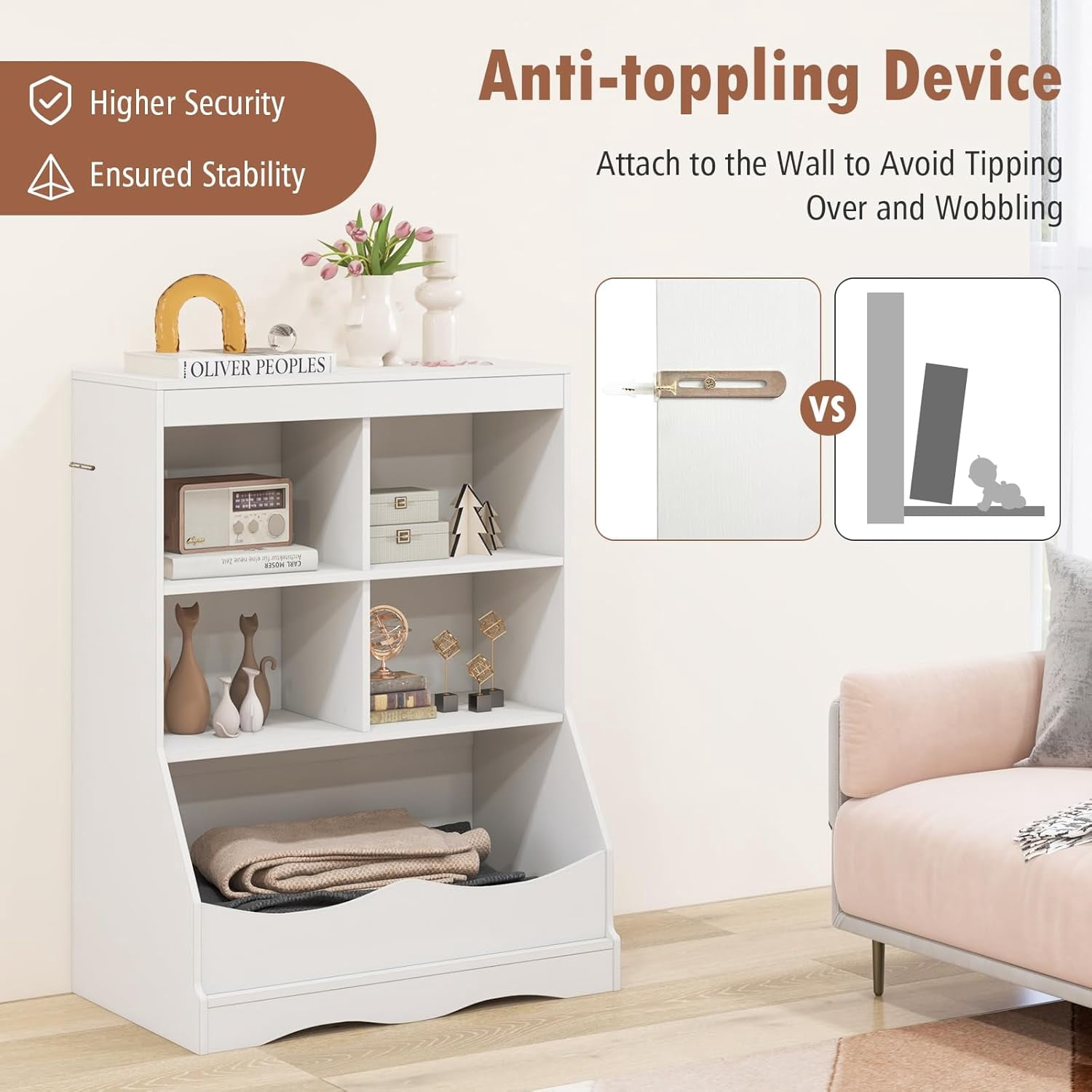 LINJH Storage Cabinet, Small Bookshelf, Short Bookcase with 4 Open Cube & Bottom Compartment, Anti-Tipping Device, Foot Pads, Cubby Storage Organizer for Study, Living Room-White